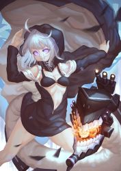 Rule 34 | 10s, 1girl, abyssal ship, ahoge, antenna hair, backpack, bag, bare shoulders, breasts, cannon, cleavage, cowboy shot, debris, glowing, glowing eyes, grin, hood, hoodie, kantai collection, looking at viewer, navel, o-ring, o-ring top, open clothes, outstretched arm, parted lips, purple eyes, re-class battleship, ribs, scarf, smile, solo, strap, turret, underboob, unzipped, usanekorin, white hair