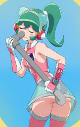 Rule 34 | 1girl, ass, blue background, blush stickers, boots, calen (time bokan), closed eyes, green hair, haruyama kazunori, headgear, lead pipe, leotard, ponytail, see-through, simple background, skirt, sleeveless, solo, thigh boots, thighhighs, time bokan (series), time bokan 24, wavy mouth