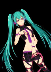 Rule 34 | 1girl, aqua hair, bad id, bad pixiv id, black background, bracelet, center opening, hand on own chest, hatsune miku, headphones, jewelry, long hair, meron, nail polish, navel, necktie, pink eyes, purple necktie, skirt, smile, solo, sweet devil (vocaloid), tail, thigh strap, thighhighs, twintails, very long hair, vocaloid