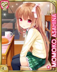Rule 34 | asahina momoko, brown hair, cake, card, chair, character name, cup, food, girlfriend (kari), instrument, long hair, looking at viewer, official art, piano, qp:flapper, red eyes, school uniform, sitting, solo, table, thighhighs