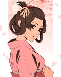 Rule 34 | 1girl, ace attorney, brown eyes, brown hair, cherry blossoms, forehead, from side, gradient background, hair ribbon, hair rings, japanese clothes, kimono, looking at viewer, looking to the side, moshimoshibe, parted lips, pink kimono, ribbon, short hair, smile, solo, susato mikotoba, the great ace attorney, upper body, white ribbon