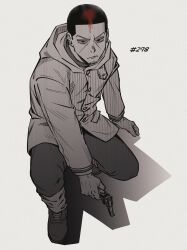Rule 34 | 1boy, buzz cut, coat, facial hair, from above, frown, full body, goatee, golden kamuy, gun, highres, holding, holding gun, holding weapon, male focus, serious, short hair, sideburns, solo, spot color, squatting, stubble, tonta (tonta1231), tsukishima hajime, vertical eye lines, very short hair, weapon
