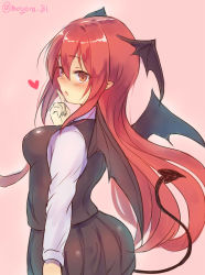 Rule 34 | 1girl, artist name, ass, bat wings, black skirt, black vest, blush, breasts, cowboy shot, demon tail, finger to mouth, from side, hair between eyes, hand up, head wings, heart, index finger raised, koakuma, long hair, long sleeves, medium breasts, mogera81, necktie, nose blush, parted lips, pink background, pleated skirt, profile, red eyes, red hair, red necktie, shirt, sideboob, simple background, skirt, solo, tail, touhou, very long hair, vest, white shirt, wing collar, wings