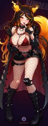 Rule 34 | 1girl, ;p, akuma nihmune, akuma nihmune (cosplay), animal ears, bare shoulders, belt, bikini, black choker, black coat, black footwear, black gloves, black hair, black nails, black skirt, blonde hair, bodysuit, boots, breasts, chain, choker, cleavage, clickdraws, coat, collar, cosplay, finger to mouth, fingerless gloves, fishnet bodysuit, fishnet pantyhose, fishnets, full body, fur trim, gloves, gradient hair, halterneck, hand up, heart, heart-shaped pupils, highres, indie virtual youtuber, knee boots, knee pads, large breasts, long hair, long sleeves, looking at viewer, microskirt, multicolored hair, nail polish, naughty face, navel, off shoulder, one eye closed, open clothes, open coat, open mouth, orange eyes, pantyhose, red bikini, side-tie bikini bottom, side-tie peek, sinder (vtuber), single knee pad, skindentation, skirt, smile, solo, standing, stomach, streaked hair, string bikini, swimsuit, symbol-shaped pupils, tail, thigh strap, thighs, tongue, tongue out, two-tone hair, unzipped, very long hair, virtual youtuber, wolf ears, wolf girl, wolf tail, zipper