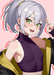 1girl armpits bare_shoulders blush breasts character_request commentary_request copyright_request cropped_shirt green_eyes hair_between_eyes hair_intakes highres jacket jacket_partially_removed looking_at_viewer midriff open_mouth pink_background ponytail purple_shirt salute shirt sideboob sleeveless sleeveless_turtleneck small_breasts solo turtleneck two-finger_salute undersuit upper_body virtual_youtuber white_hair yoichiro_ch