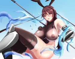 Rule 34 | 1girl, armor, armpits, bare shoulders, blueberry okoku izaberafujin, blush, breasts, brown hair, covered collarbone, gauntlets, greaves, hair between eyes, hair ribbon, hand on own chest, highleg, highleg leotard, highres, large breasts, leotard, mature female, mizuki shiranui, nipples, open mouth, polearm, red eyes, ribbon, see-through, see-through leotard, solo, taimanin (series), taimanin suit, taimanin yukikaze, thighhighs, water, weapon