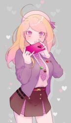 Rule 34 | 1girl, :o, ahoge, akamatsu kaede, blonde hair, blush, breasts, brown skirt, cardigan, checkered clothes, checkered necktie, commentary request, danganronpa (series), danganronpa v3: killing harmony, fortissimo, grey background, hair ornament, hat, heart, holding, large breasts, long hair, long sleeves, looking at viewer, medium breasts, musical note, musical note hair ornament, nail polish, necktie, open mouth, pink hat, plaid necktie, pleated skirt, purple eyes, school uniform, shirt, simple background, skirt, solo, standing, surprised, zang li