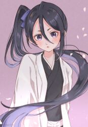 Rule 34 | 1girl, absurdres, black hair, black kimono, bleach, bleach: epilogue, blue ribbon, blush, bright pupils, commentary request, double-parted bangs, eyelashes, falling petals, floating hair, hair between eyes, hair ribbon, haori, highres, japanese clothes, kimono, kuchiki rukia, long hair, looking at viewer, parted lips, petals, pink background, purple eyes, ribbon, rinner373, short eyebrows, side ponytail, simple background, solo, sparkle, spoilers, surprised, tsurime, twitter username, upper body, very long hair, white kimono