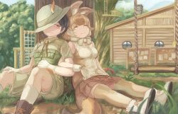 Rule 34 | 2girls, animal ears, bare shoulders, black hair, blush, boots, bow, bowtie, brown footwear, brown legwear, brown shirt, brown skirt, bucket hat, captain (kemono friends), collared shirt, dhole (kemono friends), dog ears, dog girl, dog tail, gloves, hat, hat feather, highres, kemono friends, kemono friends 3, khakis, light brown hair, locked arms, looking at another, multicolored hair, multiple girls, neckwear request, okyao, one eye closed, pleated skirt, shirt, short sleeves, shorts, sitting, skirt, sleeping, sleeveless, socks, t-shirt, tail, thighhighs, tree, two-tone hair, two-tone legwear, two-tone shirt, uniform, white gloves, white hair, white legwear, white neckwear, white shirt, zettai ryouiki