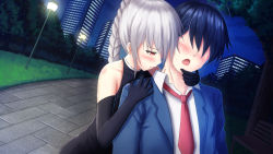Rule 34 | 1boy, 1girl, ahoge, bare shoulders, black dress, black gloves, blood, blood from mouth, blue hair, blue jacket, blush, braid, building, closed mouth, collared shirt, commentary, commission, dress, elbow gloves, english commentary, faceless, faceless male, gloves, hair between eyes, jacket, lamppost, necktie, night, open clothes, open jacket, open mouth, original, outdoors, prophosphere, red eyes, red neckwear, shirt, silver hair, skyscraper, sleeveless, sleeveless dress, tree, vampire, white shirt