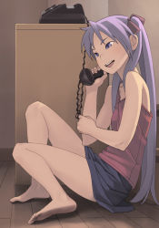 Rule 34 | 00s, 1girl, bare legs, barefoot, blush, breasts, corded phone, feet, go robots, hair ribbon, hiiragi kagami, legs, long hair, lucky star, open mouth, phone, purple eyes, purple hair, ribbon, sitting, skirt, small breasts, solo, talking on phone, tank top, twintails