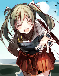 Rule 34 | 10s, 1girl, :d, ^ ^, closed eyes, facing viewer, hair ribbon, hand on own hip, kantai collection, looking at viewer, muneate, nochita shin, open mouth, outstretched hand, ribbon, skirt, smile, solo, twintails, zuikaku (kancolle)