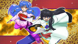 Rule 34 | 1boy, 1girl, black hair, blue hair, chinese clothes, highres, holding, holding sword, holding weapon, long hair, mousse (ranma 1/2), open mouth, ranma 1/2, shampoo (ranma 1/2), sword, teeth, wanta (futoshi), weapon