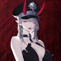Rule 34 | 1girl, absurdres, black hat, black shirt, breasts, center opening, cleavage, closed mouth, commentary, dated commentary, ear piercing, english commentary, eyeshadow, gem, grey eyes, grey hair, halter shirt, halterneck, hat, highres, horns, jung wonjo, lipstick, looking at viewer, makeup, medium breasts, medium hair, mole, mole under eye, one eye closed, oni, original, peaked cap, piercing, pointy ears, purple gemstone, red background, red eyeshadow, red horns, red lips, shirt, sleeveless, sleeveless shirt, solo, spikes, upper body
