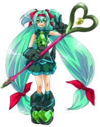 Rule 34 | 1girl, absurdres, alternate color, aqua hair, arc system works, bad id, bad pixiv id, bell, black gloves, blazblue, blazblue: continuum shift, blush, boots, cosplay, gloves, green eyes, hair ribbon, hairband, hatsune miku, hatsune miku (cosplay), highres, kirishima sanagi, long hair, looking at viewer, low-tied long hair, magical girl, muchourin, platinum the trinity, quad tails, ribbon, skirt, socks, solo, twintails, two side up, v, very long hair, vocaloid, wand
