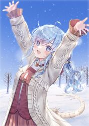 Rule 34 | 1girl, ahoge, au ra, blue eyes, blue hair, blush, coat, commentary, commission, dress, final fantasy, final fantasy xiv, highres, jewelry, lulinco, open clothes, open coat, original, ring, skeb commission, snow, snowing, solo, sparkling eyes, tree, white coat