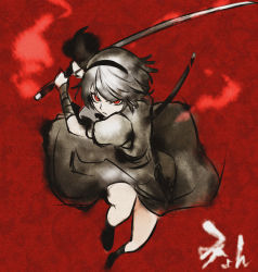 Rule 34 | 1girl, attack, bad id, bad pixiv id, faux traditional media, hairband, katana, konpaku youmu, kozou (soumuden), looking at viewer, red background, red eyes, short hair, sketch, skirt, solo, sword, touhou, weapon