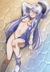 Rule 34 | 1girl, arm above head, arm up, asukujira, beach, black ribbon, blue hair, blue jacket, boots, bottomless, breasts, brown eyes, choker, clitoral hood, female focus, groin, hat, highres, island (game), jacket, linea alba, long hair, looking at viewer, lying, medium breasts, navel, nipples, no bra, no shirt, ocean, ohara rinne, on back, on ground, open clothes, open jacket, partially submerged, peaked cap, print jacket, pussy, ribbon, ribbon choker, see-through, see-through sleeves, solo, very long hair, water, wet, wet clothes, white footwear, white hat