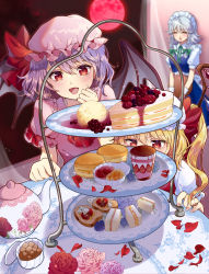 Rule 34 | 3girls, ascot, bat wings, blonde hair, blood, blush, braid, bread slice, breasts, cake, closed eyes, commentary request, crystal, cup, dress, fingernails, flandre scarlet, floral print, flower, food, green ascot, green ribbon, hair ribbon, hat, hat ribbon, highres, ice cream, izayoi sakuya, looking at viewer, macaron, maid, maid headdress, maruta (shummylass), medium breasts, mob cap, moon, mousse (food), multicolored wings, multiple girls, night, night sky, nose blush, nosebleed, open mouth, petals, pink dress, plate, pointy ears, puffy short sleeves, puffy sleeves, purple eyes, red ascot, red eyes, red moon, red ribbon, remilia scarlet, ribbon, rose, rose petals, saucer, short sleeves, siblings, side braid, side ponytail, silver hair, sisters, sky, standing, table, tablecloth, teapot, toast, touhou, tray, tress ribbon, twin braids, wings, wrist cuffs