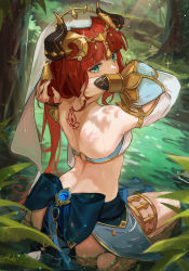 Rule 34 | 1girl, absurdres, arms up, back, back tattoo, bare back, bare shoulders, circlet, covered mouth, genshin impact, green eyes, hand in own hair, highres, horns, long hair, long sleeves, looking at viewer, looking back, nilou (genshin impact), parted bangs, puffy long sleeves, puffy sleeves, red hair, reversed, revision, signature, solo, tattoo, thighlet, vambraces, veil, water, xude