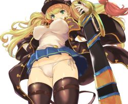 Rule 34 | 1girl, black thighhighs, blonde hair, blouse, blush, breasts, cameltoe, cowboy shot, from behind, from below, granblue fantasy, green eyes, hand on own hip, hat, holding, holding sword, holding weapon, jacket, kztk, long hair, miniskirt, monica (granblue fantasy), open clothes, open jacket, panties, peaked cap, sheath, sheathed, shirt, side-tie panties, simple background, skirt, solo, sword, thigh strap, thighhighs, thighs, twintails, underwear, weapon, white background, white shirt