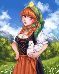 Rule 34 | 1girl, bird, blue sky, braid, breasts, chick, chicken, cleavage, cloud, corset, field, flower, flower field, grass, hand on own hip, highres, hololive, hololive english, large breasts, long hair, looking at viewer, medium breasts, mountain, orange hair, purple eyes, ranveld, side braids, sky, smile, solo, takanashi kiara, teeth, twin braids, upper teeth only, virtual youtuber