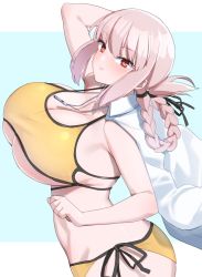 Rule 34 | 1girl, akitokage, bikini, blush, braid, breasts, cleavage, coat, fate/grand order, fate (series), florence nightingale (chaldea lifesavers) (fate), florence nightingale (fate), highres, huge breasts, jewelry, long hair, looking at viewer, necklace, red eyes, side-tie bikini bottom, sideboob, solo, swimsuit, whistle