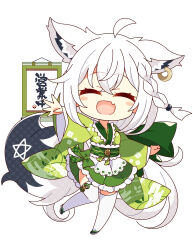 Rule 34 | 1girl, 7:08, absurdres, ahoge, animal ear fluff, animal ears, apron, braid, chibi, closed eyes, commentary request, earrings, extra ears, facing viewer, fox ears, fox girl, fox tail, green kimono, hair between eyes, hanging scroll, highres, hololive, japanese clothes, jewelry, kimono, leg up, long hair, maid, maid apron, outstretched arm, pentagram, scroll, shirakami fubuki, sidelocks, simple background, single braid, solo, tail, thighhighs, virtual youtuber, wa maid, white background, white hair, white thighhighs, zettai ryouiki