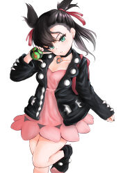 Rule 34 | 1girl, absurdres, asymmetrical bangs, backpack, bag, black choker, black hair, black jacket, black nails, boots, choker, creatures (company), dress, dusk ball, earrings, game freak, green eyes, hair ribbon, hand up, head tilt, highres, holding, holding poke ball, index finger raised, jacket, jewelry, looking at viewer, marnie (pokemon), nintendo, open clothes, open jacket, parted lips, pink dress, poke ball, pokemon, pokemon swsh, red ribbon, ribbon, simple background, six sense, solo, standing, standing on one leg, stud earrings, twintails, undercut, white background