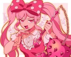 1girl :d border bow buttons chain collared_shirt commentary_request dot_nose dress fingernails frills hair_bow hand_on_own_chin hands_up heart highres holding_flail jitome long_hair looking_at_viewer mommorua omori open_mouth outline outside_border pink_background pink_bow pink_dress pink_eyes pink_hair polka_dot polka_dot_bow shirt short_sleeves simple_background smile solo sprout_mole sweetheart_(omori) tongue twintails upper_body upturned_eyes v-shaped_eyebrows white_border white_shirt white_wrist_cuffs wrist_cuffs yellow_outline