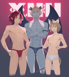 Rule 34 | 3boys, abs, animal ear fluff, bikini briefs, black briefs, black male underwear, blonde hair, briefs, brown eyes, brown hair, cat boy, cat tail, choker, classic fly briefs, colored skin, cropped legs, crossed arms, demon boy, demon horns, demon tail, demon wings, extra, fatherlobin, fundoshi, grey skin, hand on own hip, hands on own hips, highres, horns, ishuzoku reviewers, japanese clothes, male focus, male underwear, multiple boys, neon lights, nipples, orange eyes, pointy ears, red fundoshi, red hair, single horn, tail, toned, toned male, underwear, underwear only, white briefs, white male underwear, wings