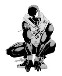 Rule 34 | 1boy, absurdres, commentary, full body, greyscale, highres, hood, hoodie, male focus, marvel, monochrome, muscular, muscular male, scarlet spider, shoes, sleeveless, sleeveless hoodie, sneakers, solo, spider-man (series), squatting, superhero costume, xyanaid