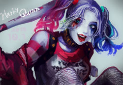 Rule 34 | 1girl, baseball bat, batman (series), blonde hair, blue eyes, blue hair, breasts, colored tips, dc comics, harley quinn, highres, jacket, lipstick, long hair, makeup, multicolored hair, short shorts, shorts, solo, suicide squad, twintails