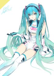 Rule 34 | 10s, 1girl, 2015, absurdres, aqua eyes, aqua hair, dated, elbow gloves, gloves, goodsmile company, goodsmile racing, hatsune miku, headphones, highres, leotard, long hair, looking at viewer, messikid, race queen, racing miku, racing miku (2014), sitting, solo, thighhighs, twintails, very long hair, vocaloid, white background