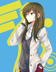 Rule 34 | 1girl, blazer, blue background, buttons, cardigan, circle, closed mouth, collared shirt, commentary, green eyes, green hair, grey cardigan, hair over shoulder, hand in pocket, hand up, highres, jacket, kagerou project, kido tsubomi, lapels, long hair, long sleeves, looking to the side, mekakucity actors, mnyang, open clothes, open collar, open jacket, pants, red pants, school uniform, shirt, solo, unbuttoned, upper body, white jacket, white shirt, yellow background