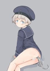 Rule 34 | 1girl, absurdres, anal, anal object insertion, ass, bar censor, blue eyes, censored, cleft of venus, commentary request, dress, enjaku izuku, grey background, grey hair, hat, highres, kantai collection, long sleeves, no panties, object insertion, pussy, sailor collar, sailor dress, sailor hat, short dress, short hair, solo, tentacles, thighs, z1 leberecht maass (kancolle)