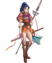 Rule 34 | 1girl, armor, blue eyes, blue hair, boots, brown footwear, female focus, fire emblem, fire emblem: new mystery of the emblem, fire emblem heroes, full body, highres, izuka daisuke, kris (fire emblem), long hair, looking at viewer, matching hair/eyes, nintendo, official art, polearm, ponytail, sheath, shorts, smile, solo, spear, standing, sword, thighs, transparent background, weapon