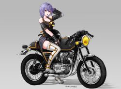 Rule 34 | 1girl, boots, fingerless gloves, gloves, highres, junshiki, motor vehicle, motorcycle, original, purple hair, red eyes, short hair, thigh boots, thighhighs