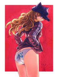 Rule 34 | 10s, 1girl, animal hat, ass, blue eyes, blush, boyaking, butt crack, cat hat, cowboy shot, evangelion: 3.0 you can (not) redo, from behind, from below, hands in pockets, hat, licking lips, long hair, looking at viewer, looking back, naughty face, neon genesis evangelion, no pants, orange hair, outside border, panties, print panties, profile, rebuild of evangelion, solo, souryuu asuka langley, standing, thighs, tongue, tongue out, underwear, white panties