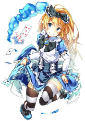 Rule 34 | 10s, 1girl, alice (alice in wonderland), alice in wonderland, bad id, bad pixiv id, blonde hair, blue eyes, bow, card, corset, divine gate, hair bow, hiro j, long hair, medallion, playing card, smile, solo, striped clothes, striped thighhighs, thighhighs, zettai ryouiki