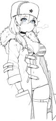 Rule 34 | 1girl, bikini, bikini under clothes, blue eyes, blush, breasts, breath, choker, cleavage, coat, front-tie bikini top, front-tie top, fur trim, girls&#039; frontline, greyscale, groin, hair between eyes, hair over shoulder, hands in pockets, hat, holster, large breasts, long hair, low twintails, lowleg, lowleg bikini, mod3 (girls&#039; frontline), monochrome, mosin-nagant (girls&#039; frontline), mosin-nagant (mod3) (girls&#039; frontline), nago purin, navel, open clothes, open coat, solo, spot color, striped bikini, striped clothes, swimsuit, swimsuit under clothes, thigh holster, twintails