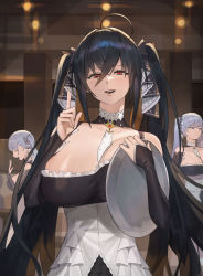 Rule 34 | 3girls, absurdres, ahoge, azur lane, belfast (azur lane), between breasts, black hair, breasts, cleavage, closed eyes, commentary request, cosplay, detached collar, detached sleeves, formidable (azur lane), formidable (azur lane) (cosplay), hair between eyes, hair ribbon, highres, holding, holding tray, hood (james x), index finger raised, indoors, large breasts, maid, multiple girls, open mouth, pink eyes, red eyes, ribbon, sidelocks, silver hair, taihou (azur lane), tray, twintails