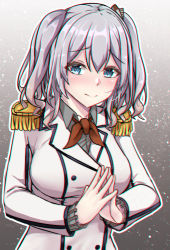 Rule 34 | 1girl, aga marino, blue eyes, breasts, buttons, epaulettes, fingers together, gradient background, grey background, jacket, kantai collection, kashima (kancolle), large breasts, long hair, long sleeves, looking at viewer, military jacket, neckerchief, red neckerchief, sidelocks, silver hair, solo, twintails, upper body, wavy hair, white jacket