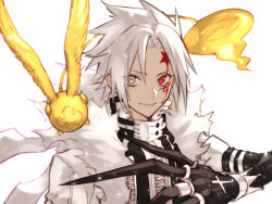 Rule 34 | 1boy, claws, closed mouth, coat, cross, crown, d.gray-man, eyes visible through hair, facial mark, flying, fur-trimmed coat, fur trim, grey eyes, heterochromia, jewelry, male focus, red eyes, ring, simple background, smile, tofu (bean359), white background, white coat, white hair