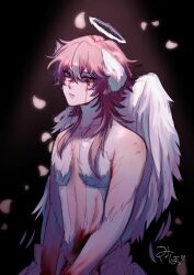 Rule 34 | 1boy, androgynous, angel, angel wings, black background, blood, blood on clothes, blood on face, closed mouth, expressionless, facial mark, feathered wings, feathers, halo, heart, heart facial mark, highres, kyupi (mih0), long hair, looking at viewer, male focus, mih0, original, pink background, pink hair, pink petals, purple eyes, shirt, solo, white feathers, white shirt, white wings, wings