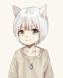 Rule 34 | 1boy, animal ears, beige background, blue eyes, cat boy, cat ears, child, collarbone, heterochromia, jewelry, looking at viewer, male focus, multicolored eyes, necklace, original, simple background, smile, solo, sweater, takanoberii, yellow eyes