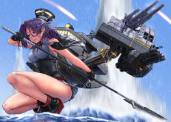 Rule 34 | 1girl, black gloves, black skirt, breasts, buttons, day, empty eyes, glaive (polearm), gloves, halo, holding, holding weapon, kantai collection, large breasts, machinery, mechanical halo, ocean, outdoors, pleated skirt, polearm, purple eyes, purple hair, red ribbon, ribbon, rigging, rudder footwear, short hair, skirt, sky, solo, tatsuta (kancolle), tatsuta kai ni (kancolle), torpedo, torpedo tubes, weapon, wet, wet clothes, zombie mogura