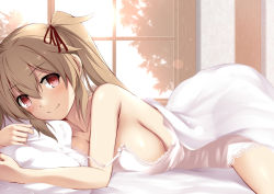 Rule 34 | 1girl, bedroom, blush, breasts, hair flaps, hair ornament, hair ribbon, kantai collection, kuromayu, large breasts, light brown hair, long hair, looking at viewer, lying, murasame (kancolle), on stomach, red eyes, ribbon, sleepwear, smile, twintails, window