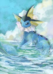 Rule 34 | animal focus, black eyes, blue sky, bright pupils, closed mouth, cloud, commentary request, creatures (company), fins, full body, game freak, gen 1 pokemon, head fins, highres, nintendo, no humans, outdoors, partially submerged, pokemon, pokemon (creature), ripples, sky, solo, vaporeon, volpecorvo, water, white pupils