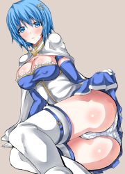 Rule 34 | 10s, 1girl, ass, bad id, bad pixiv id, blue eyes, blue hair, blush, body blush, breasts, buckle, cape, cleavage, covered erect nipples, elbow gloves, fortissimo, frills, gloves, hair ornament, hikareru2000, large breasts, magical girl, mahou shoujo madoka magica, mahou shoujo madoka magica (anime), matching hair/eyes, miki sayaka, miki sayaka (magical girl), musical note, musical note hair ornament, panties, polka dot, polka dot panties, rihito akane, short hair, sitting, solo, sweatdrop, thighhighs, underwear